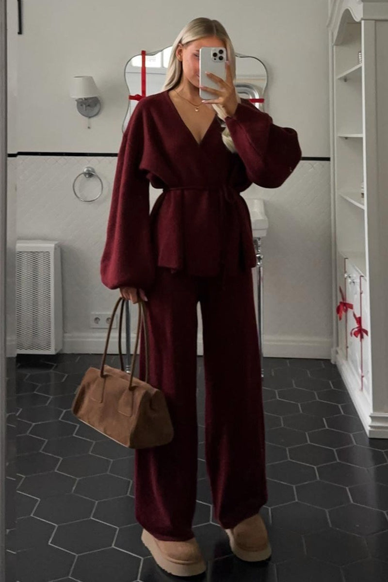 V Neck Tie Waist Knit Top Wide Leg Pants Set