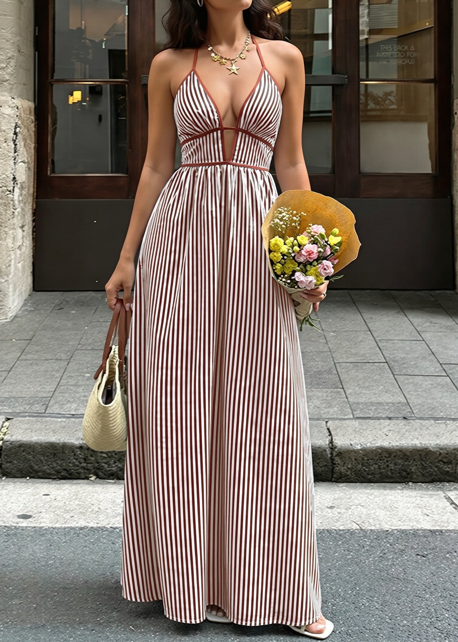 Slim Striped Halter Backless Beach Cami Maxi Dress