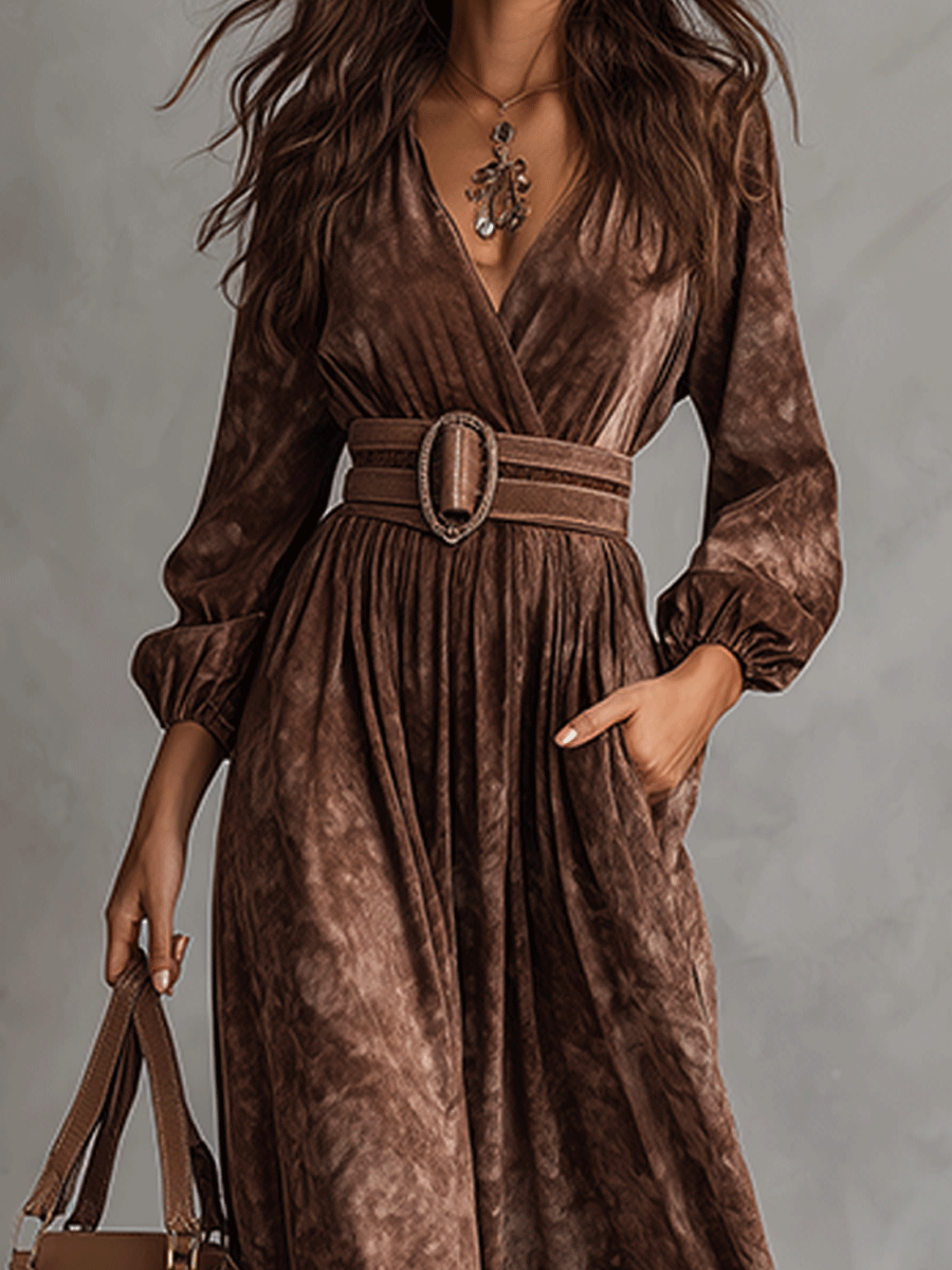 Bohe V-Neck Chocolate Color Belted Print Maxi Dress