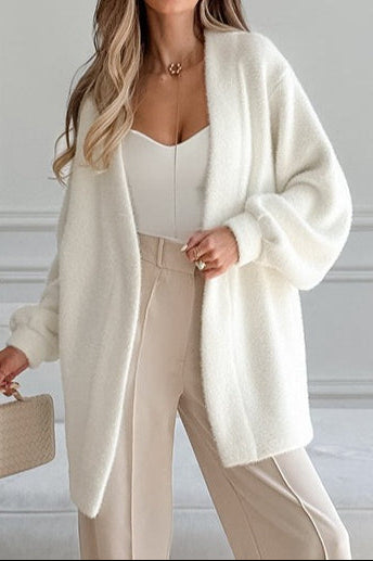 White Fuzzy Tie Waist Mid-Length Relaxed Cardigan