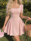 Pearl Trim Puff Sleeve A-Line Mini Dress