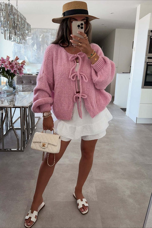Bow Tie Front Crew Neck Knit Casual Cardigan