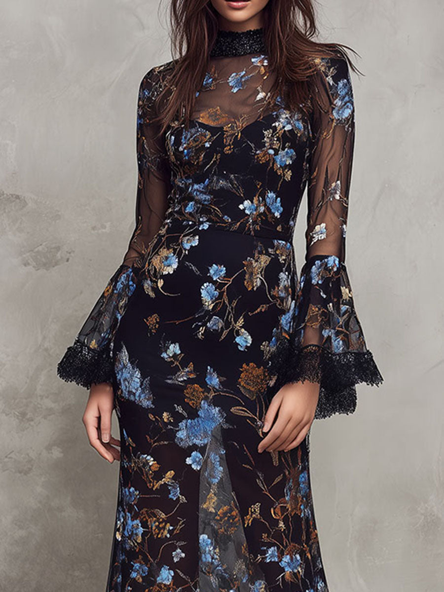 Black Floral Sheer Maxi Dress ¨C Lace-Trimmed Bell Sleeves & High Neck