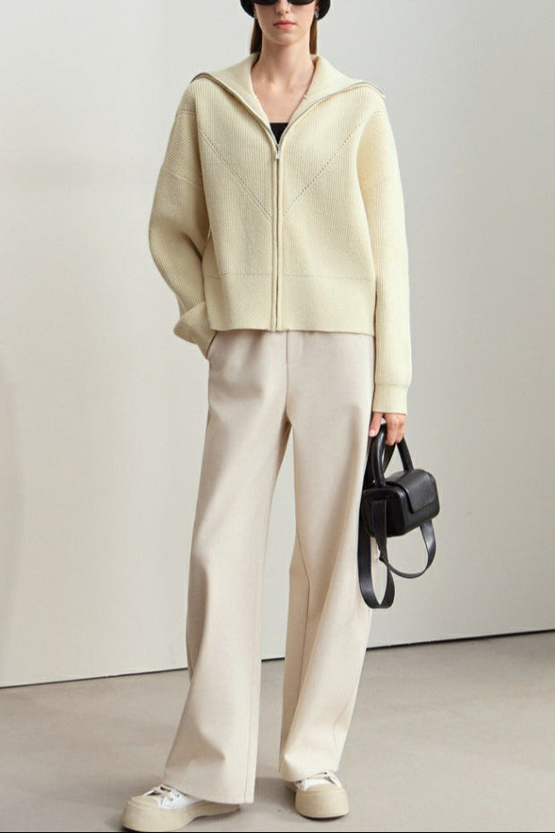 Naval-Collar Zip Lazy-Style Thick Knit Cardigan