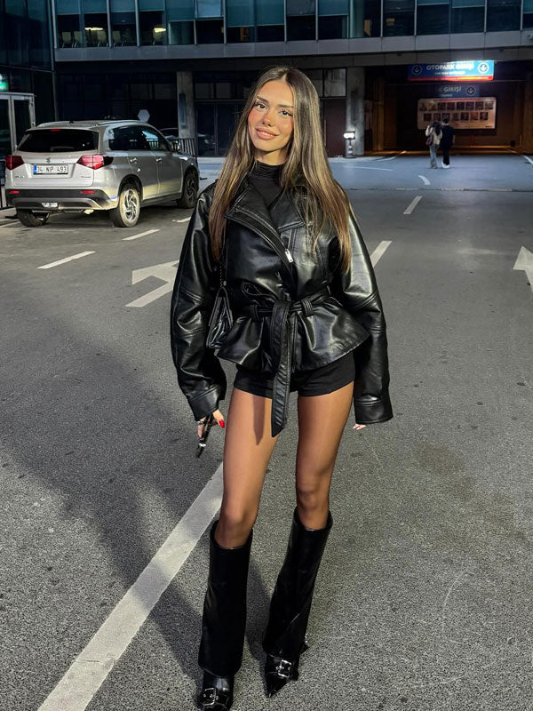 Lapel neck faux leather jacket