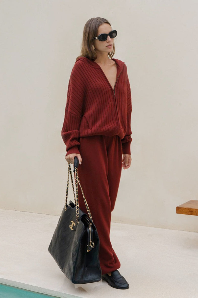 Ribbed Hooded Zip Sweater Harem Pants Set