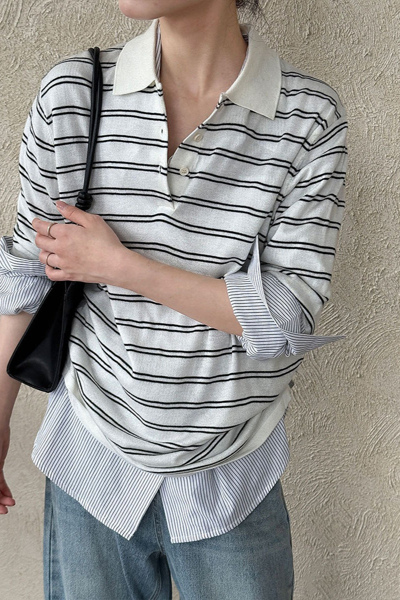 Soft Wool Striped Polo Collar Long Sleeve Long Sleeve Tee