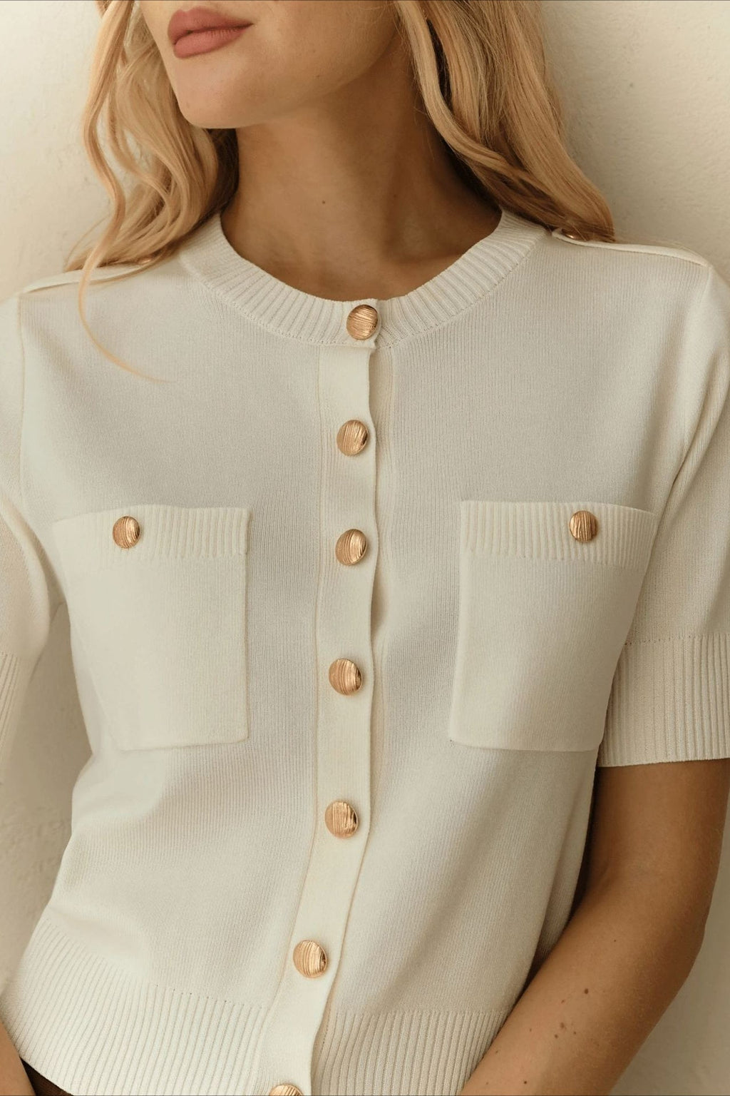 Short Sleeve Pocket Button Knit Cardigan