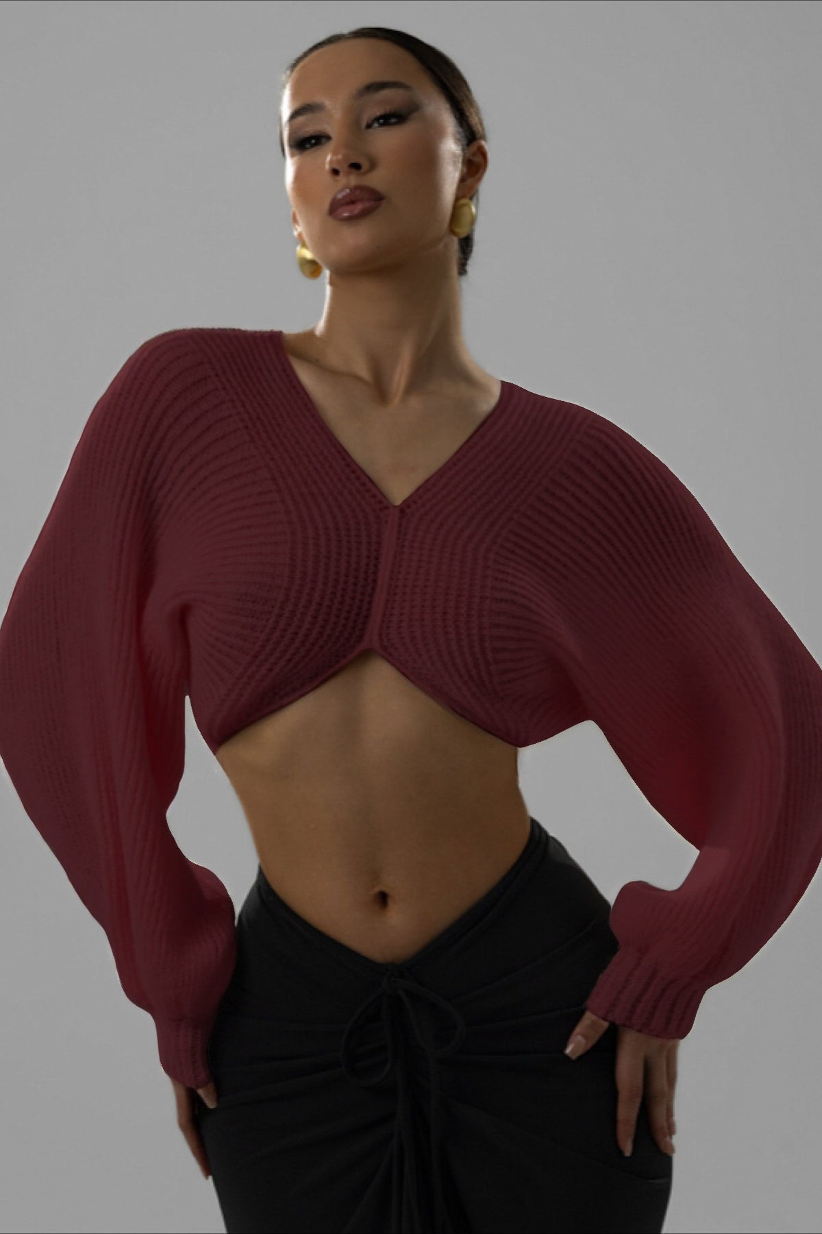 Twist Front Cropped V Neck Knit Sweater