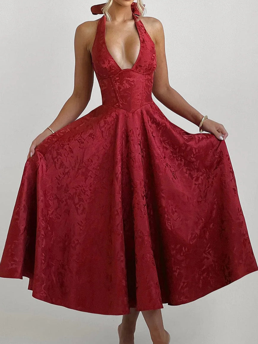 V-neck Halter Jacquard Dress Senior Evening Dress Spring/Summer Elegance Sleeveless Backless Waist Trimming Long Dress