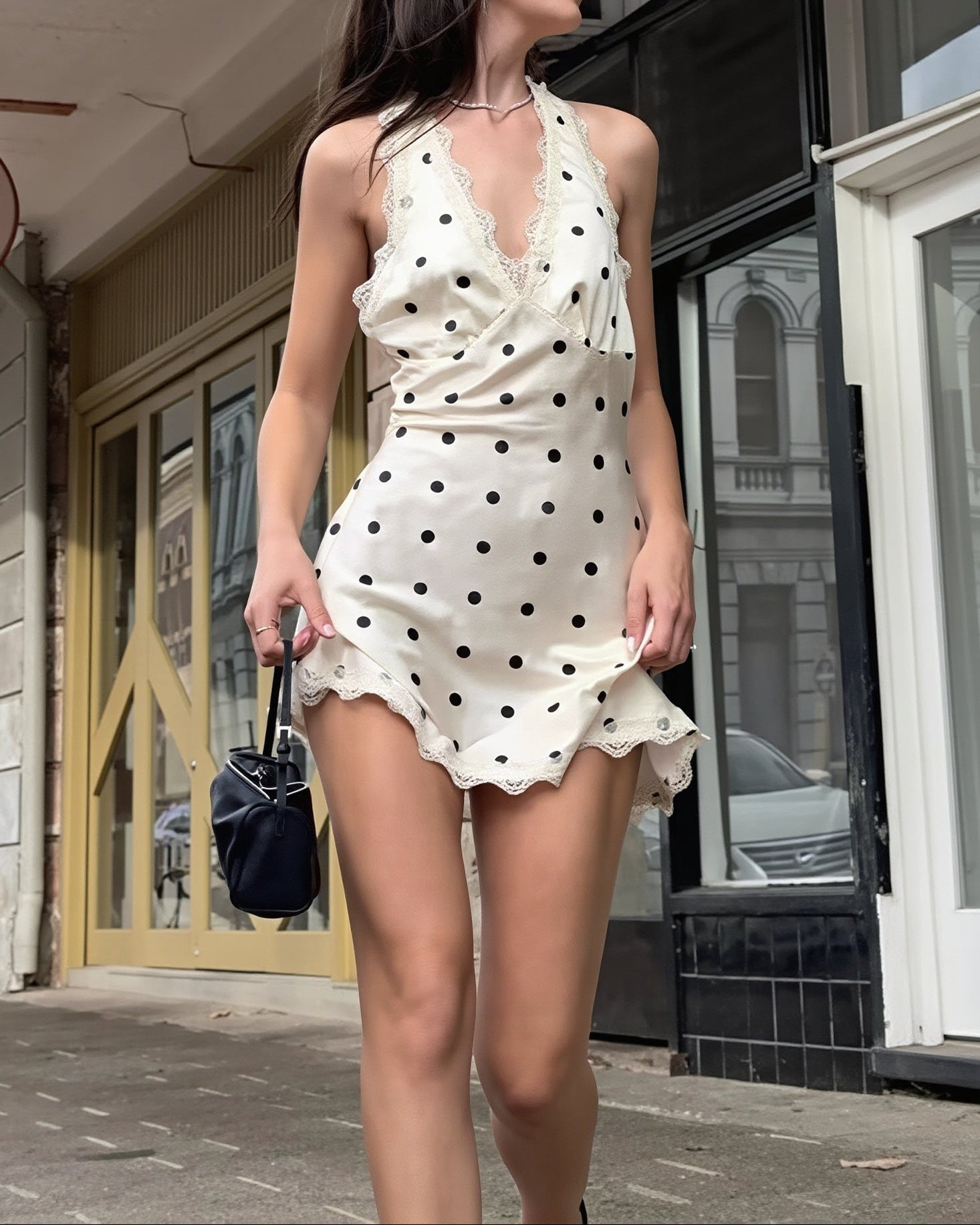 Polka Dot Lace Trim Halter V Neck Mini Dress