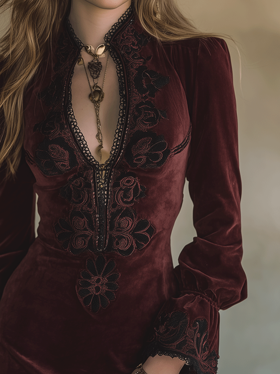 Vintage Burgundy Baroque Embroidered Velvet Deep-V Mini Dress