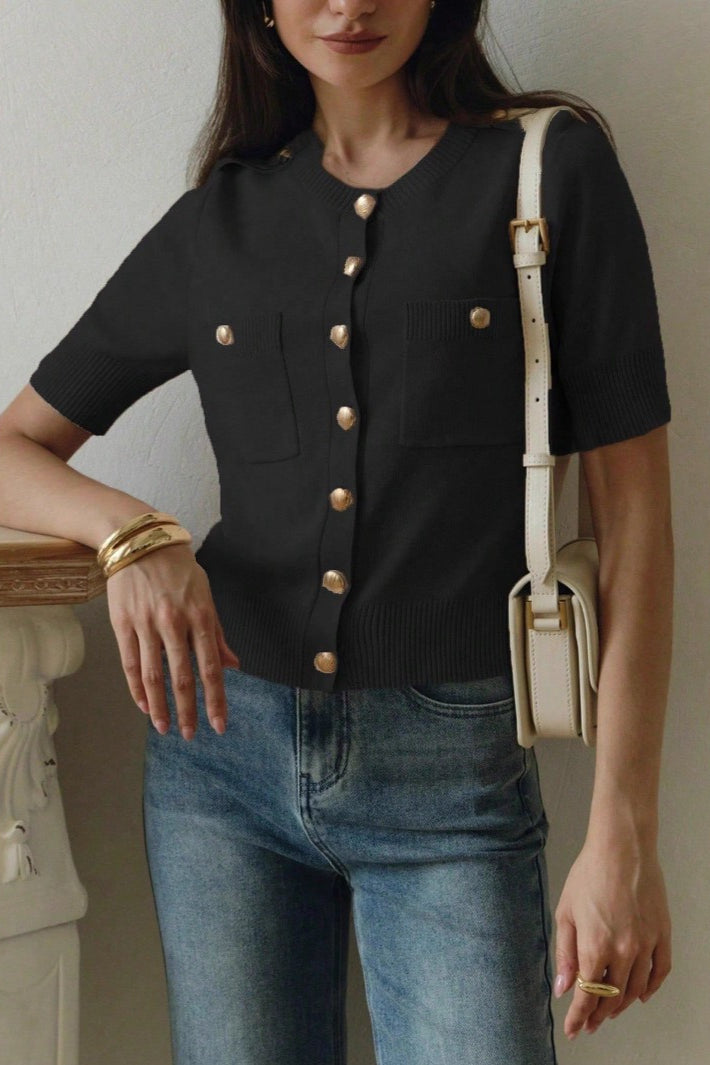 Short Sleeve Pocket Button Knit Cardigan