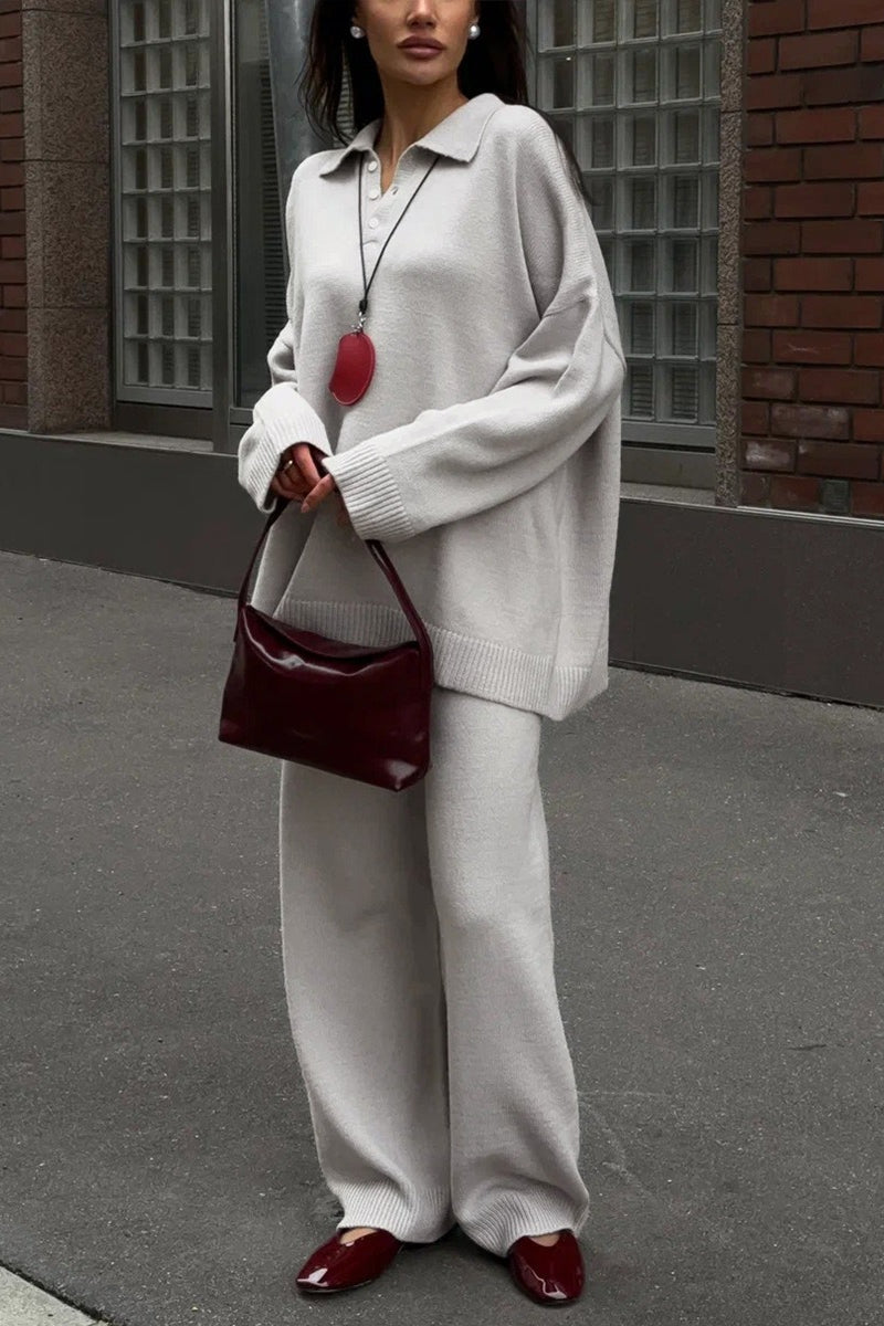 Relaxed Polo Knit Top Wide Leg Pants Set