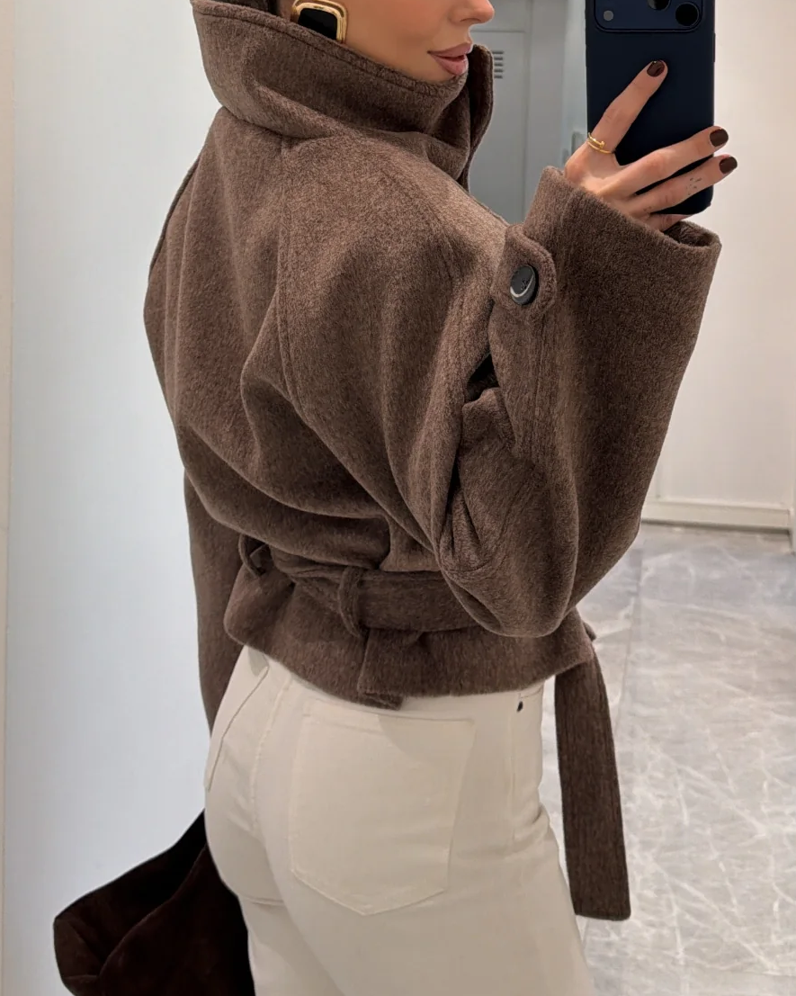 Double-Breasted Belted Funnel Neck Wool-Blend Cropped Coat