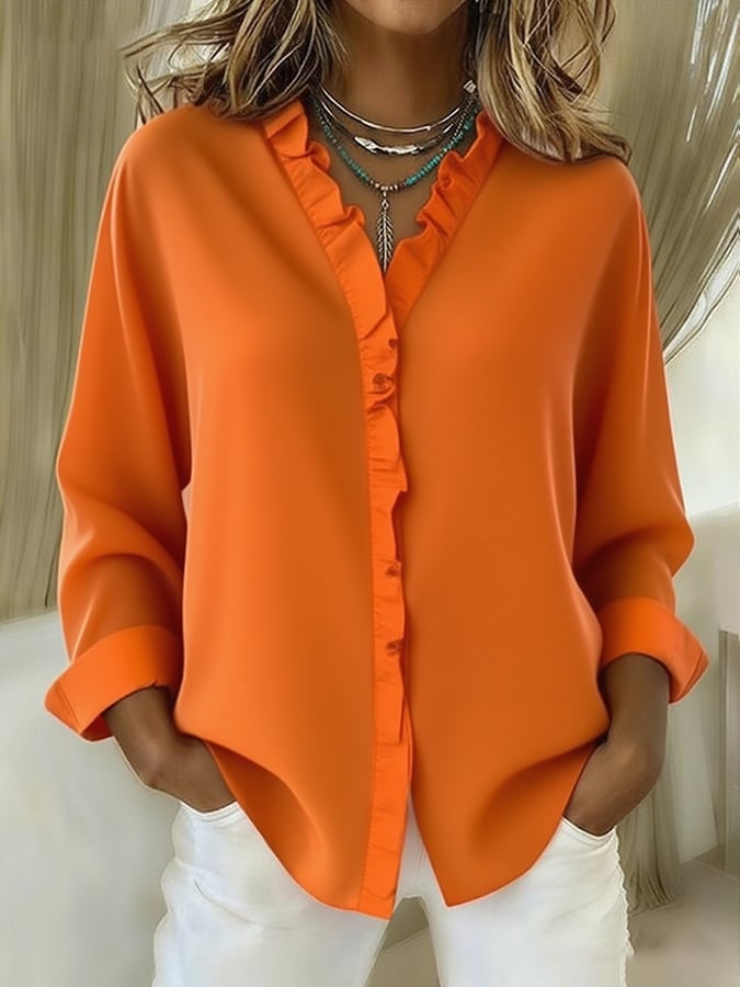 Women's Casual Cotton And Linen Ruffle Shirt