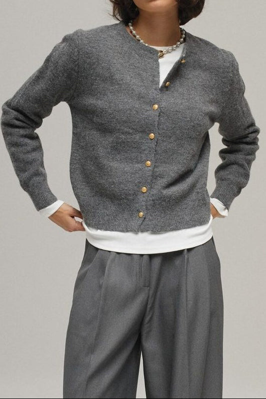 Minimalist Knitted Gold Buckle Crew Neck Cardigan