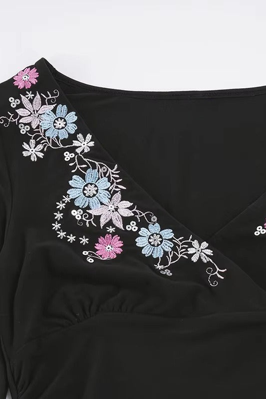Floral Embroidery Deep V Bell Sleeve Blouse