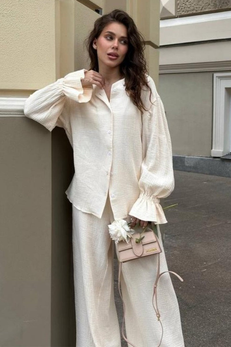 Balloon Sleeve Cotton Cardigan Wide Leg Pants Set