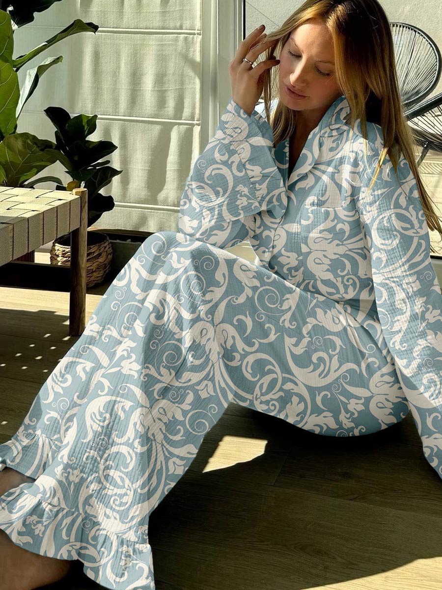 Women's Vintage Floral Print Ruffle Pajama Set