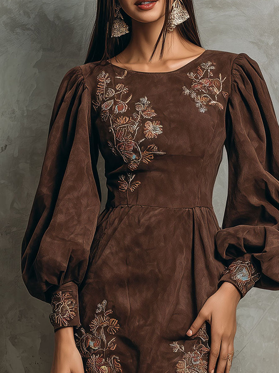 Boho Brown Puff Sleeve Floral Embroidered Suede Mini Dress