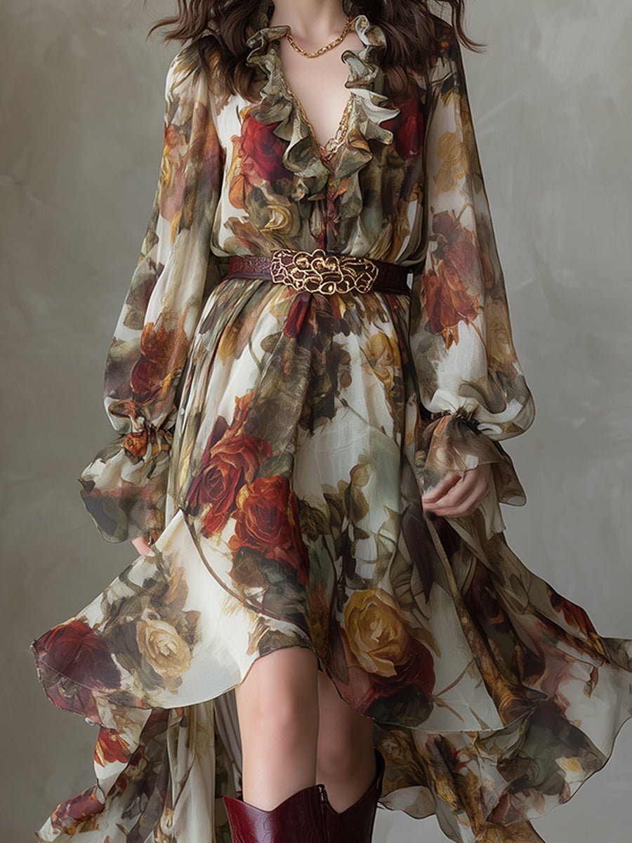 Boho Holiday Print Ruffle Neckline High Low Hem Chiffon Midi Dress