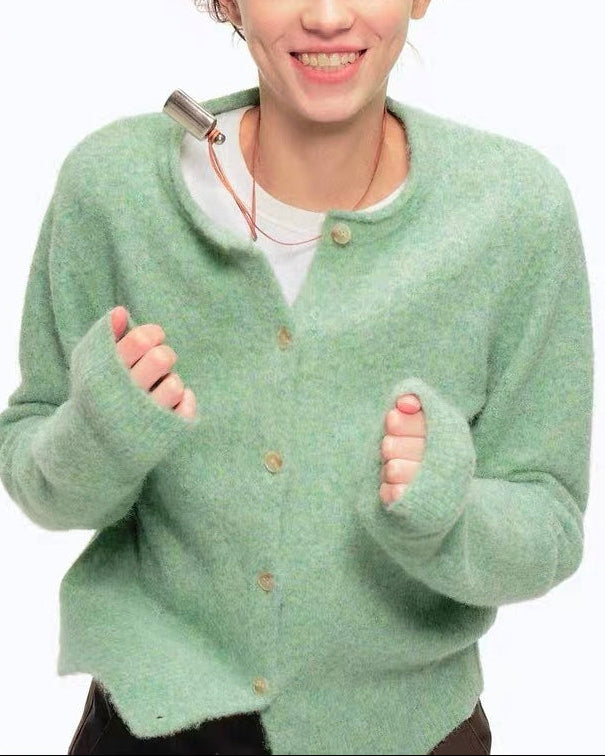 Green Wool Blend Crew Neck Knit Cardigan