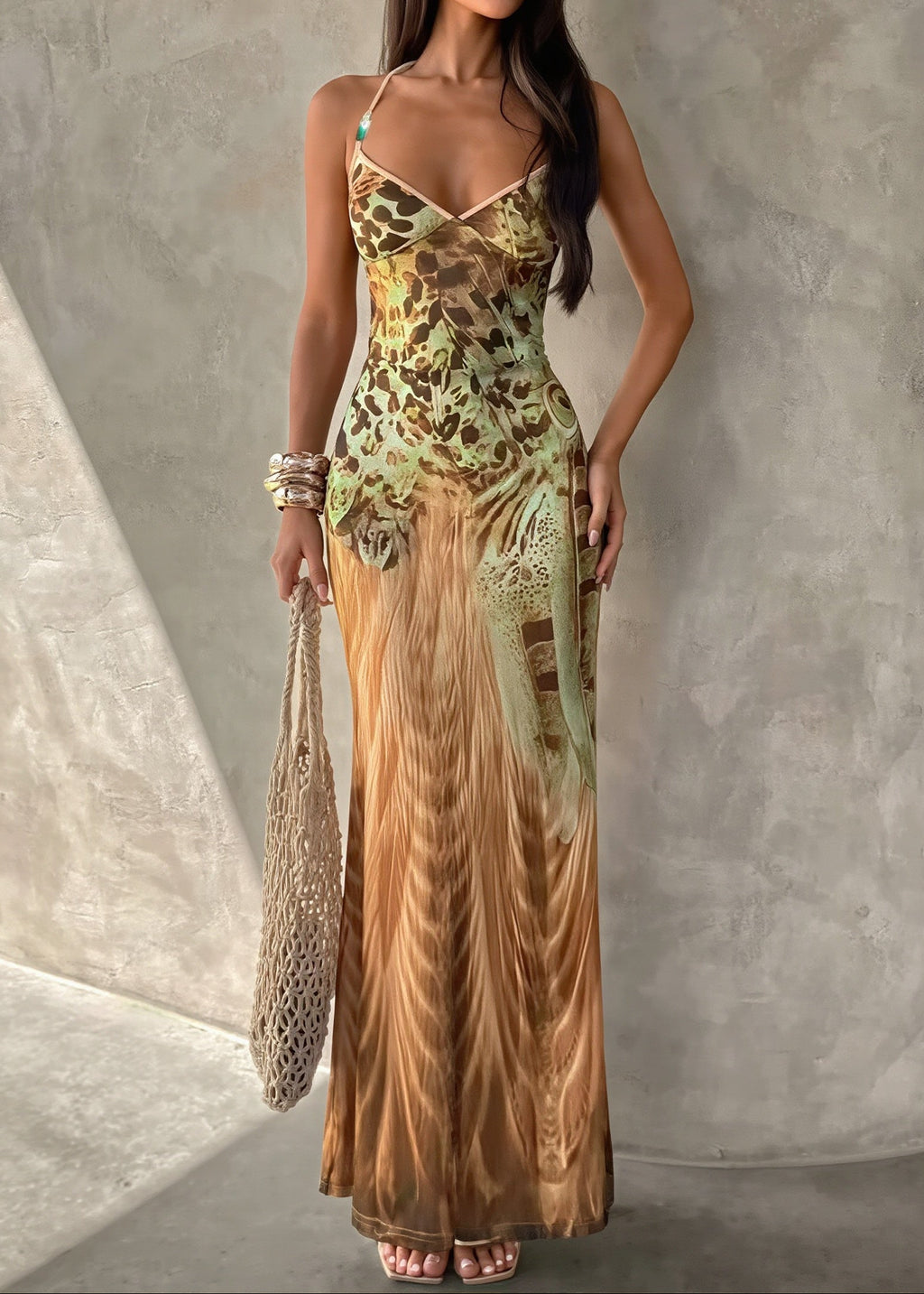 Printed V Neck Cami Slim Bodycon Maxi Dress