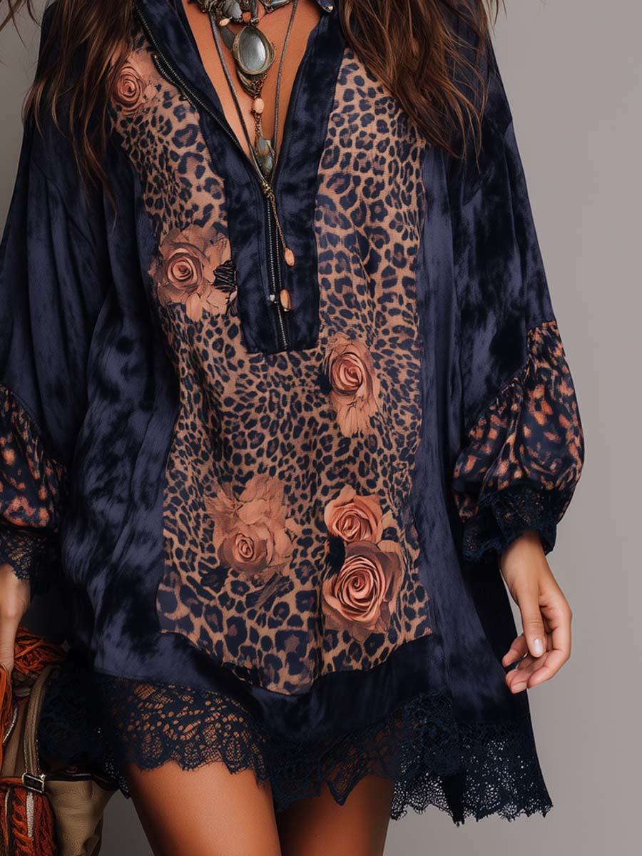 Retro Zip-up Collar Leopard Print Floral Polyester Satin Mini Dress