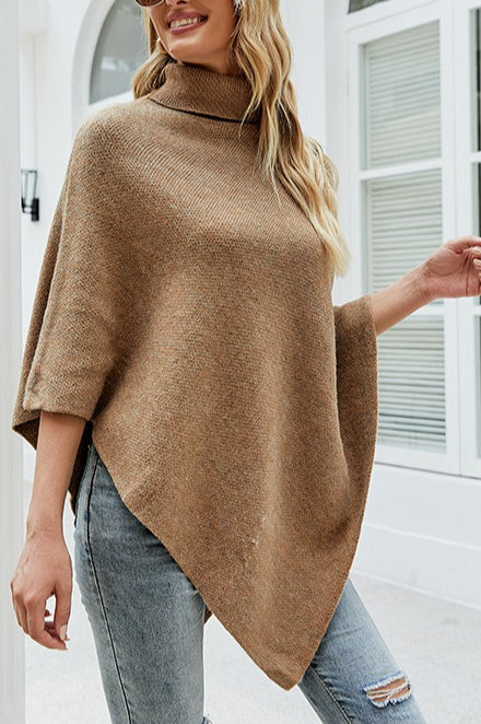 Asymmetric Turtleneck Cape Knit Sweater