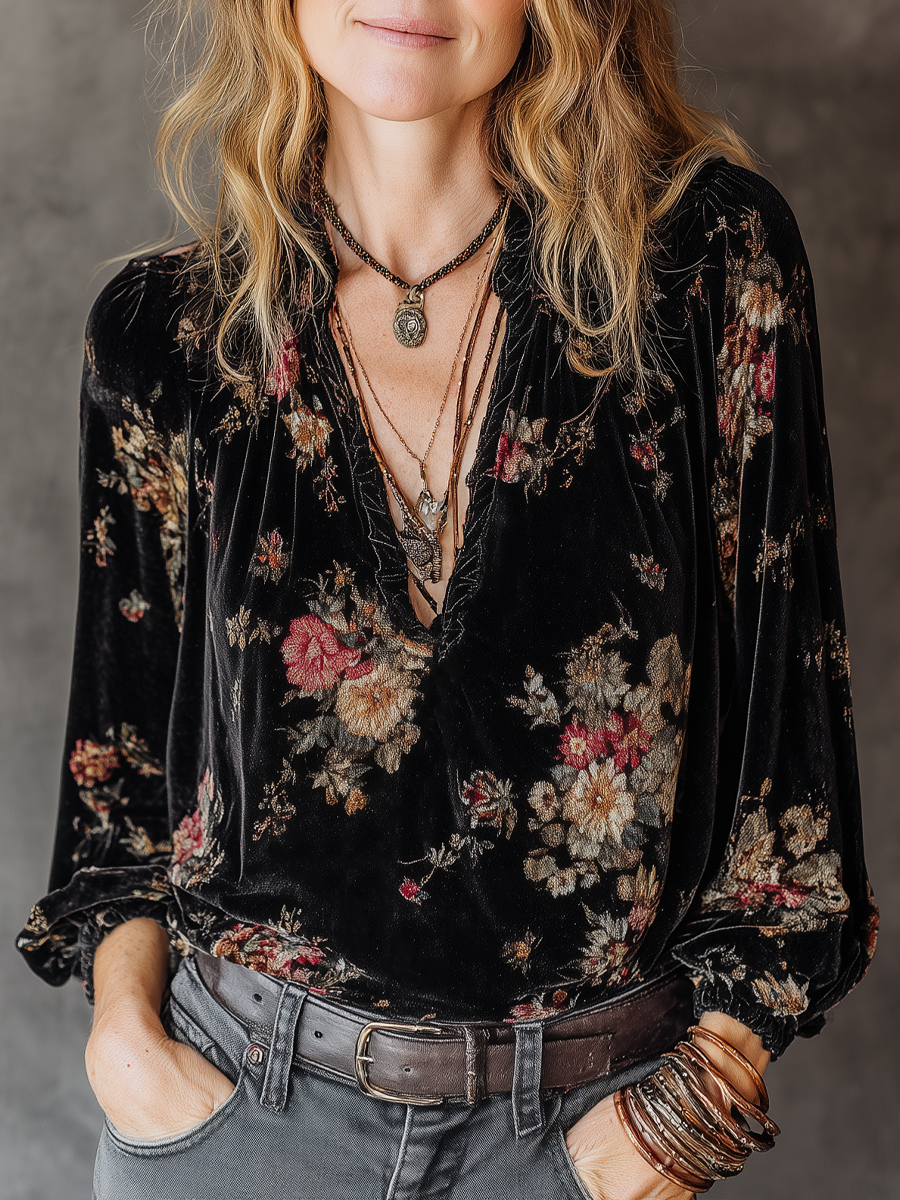 Vintage Floral Velvet Long-Sleeved Blouse