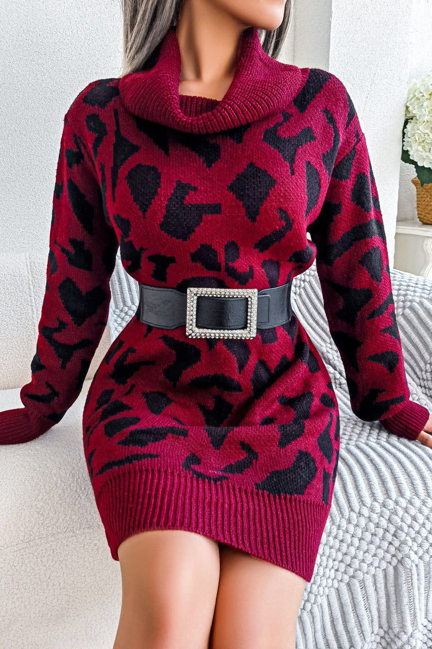 Leopard Turtleneck Sweater Dress