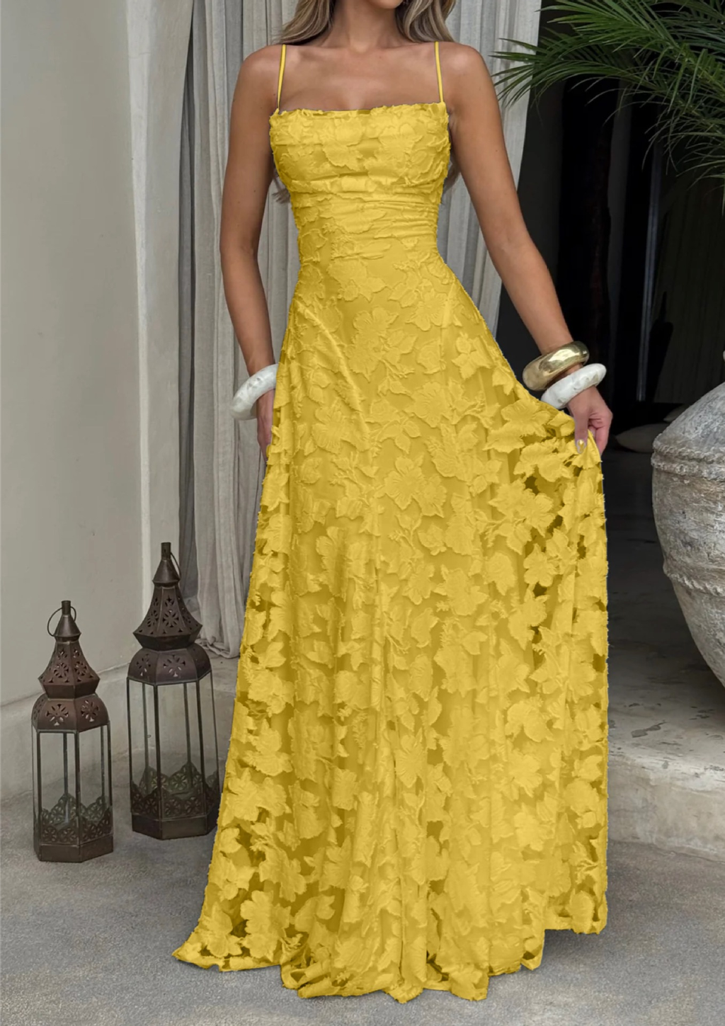 Thin straps jarquard maxi dress