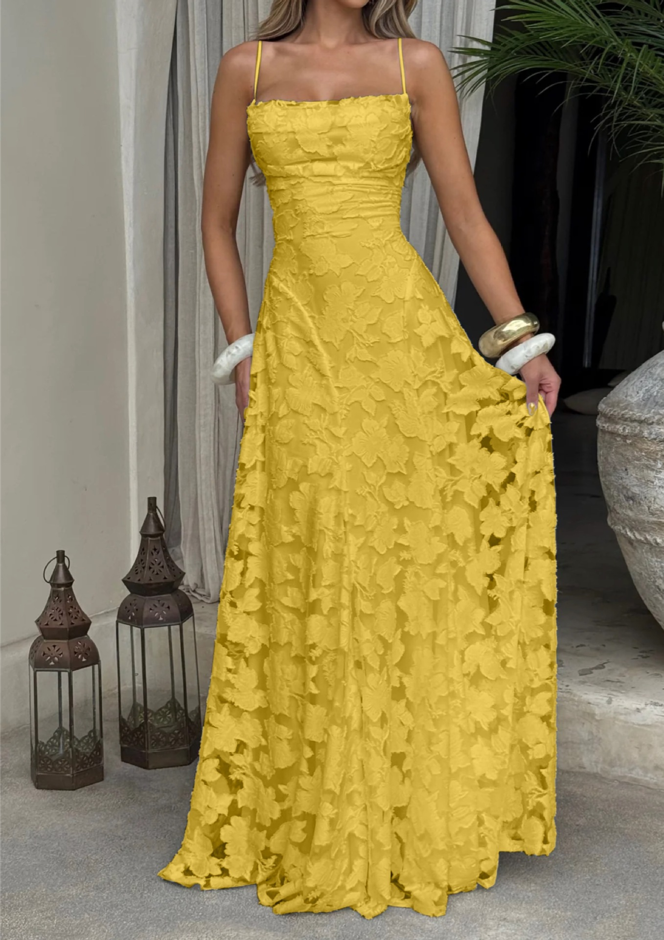 Thin straps jarquard maxi dress