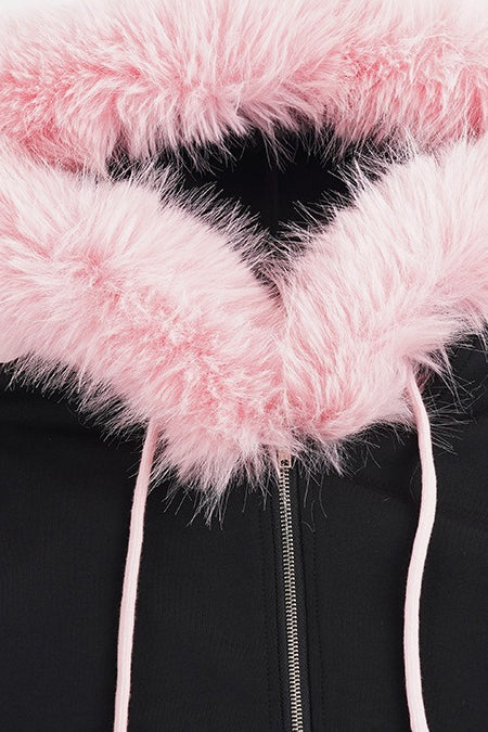 Faux Fur Hood Zip Hoodie and Flare Pants Set