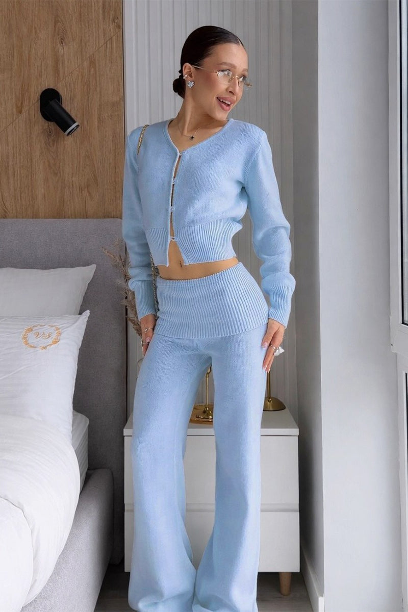 Cropped Knit Cardigan Wide Leg Pants Set