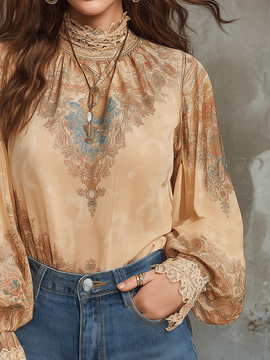 Vintage Baroque High-Neck Printed Chiffon Blouse