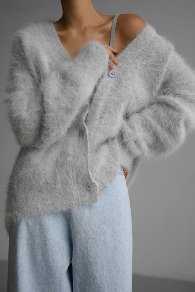 Plush V Neck Relaxed Button Knit Cardigan