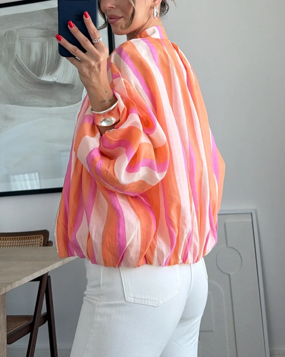 Stripe Print Zip-Up Balloon Sleeve Cropped Jacket