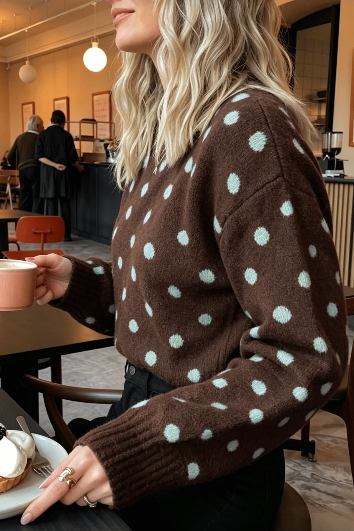 Contrast Polka Dot Crew Neck Knit Sweater