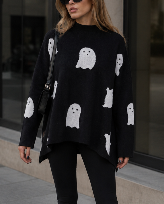 Ghost Jacquard Mock Neck Oversized Knit Sweater