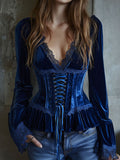 Retro Deep Blue Velvet Corset  Lace-Up Peplum Blouse