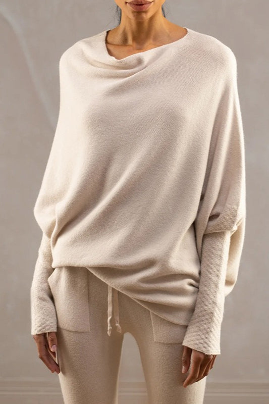 Draped Off Shoulder Long Sleeve Knit Sweater