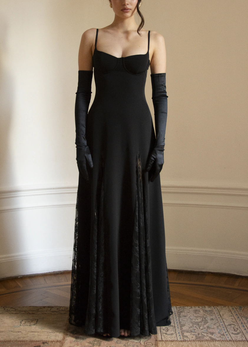 Black Lace Panel Sleeveless Gown