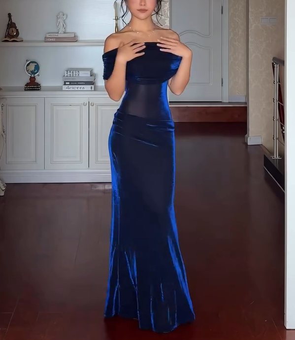 Navy Blue Ruched Off-Shoulder Maxi Dress