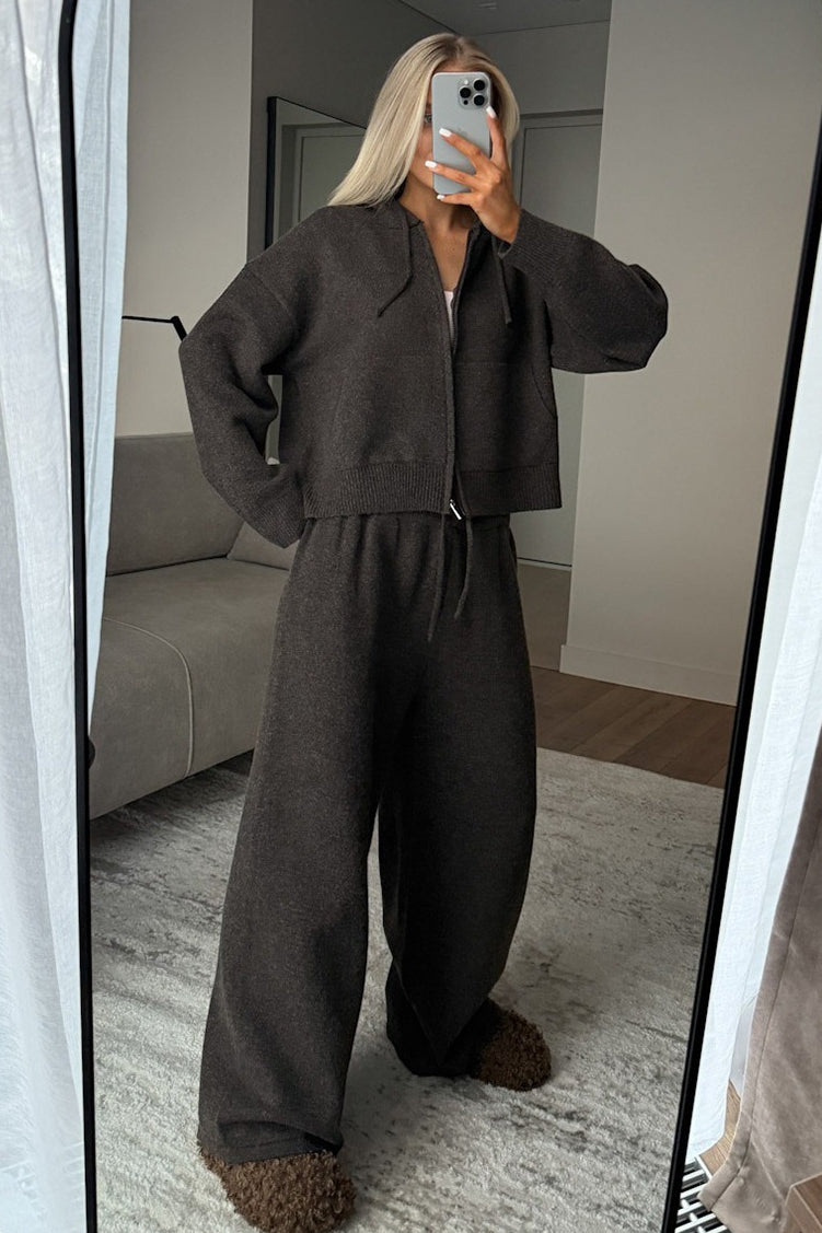 Hooded Zip Knit Top Wide Leg Pants Set