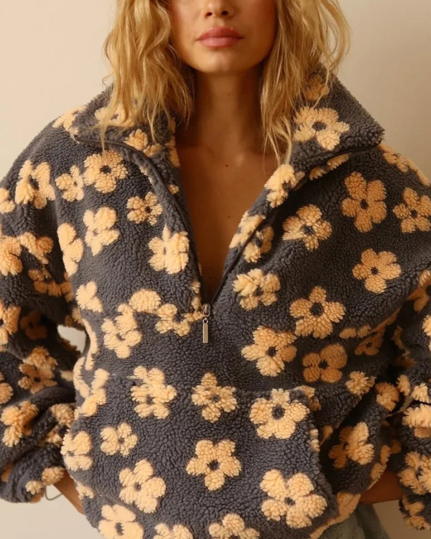 Faux Sherpa Printed Loose Zip Sweatshirt