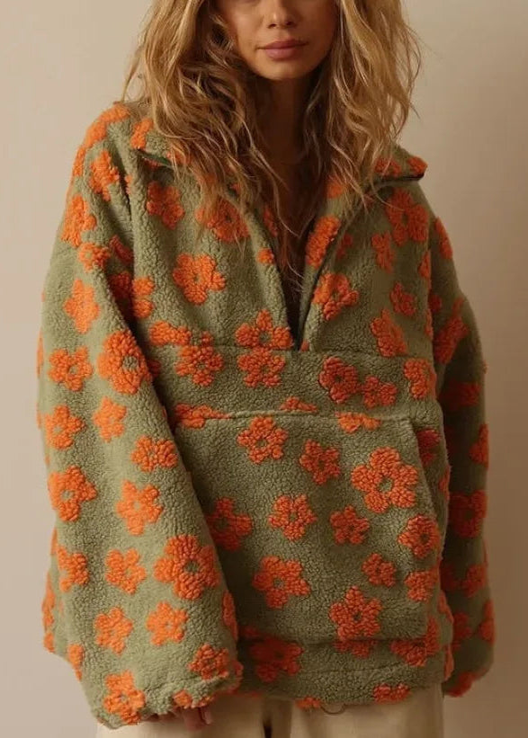 Faux Sherpa Printed Loose Zip Sweatshirt
