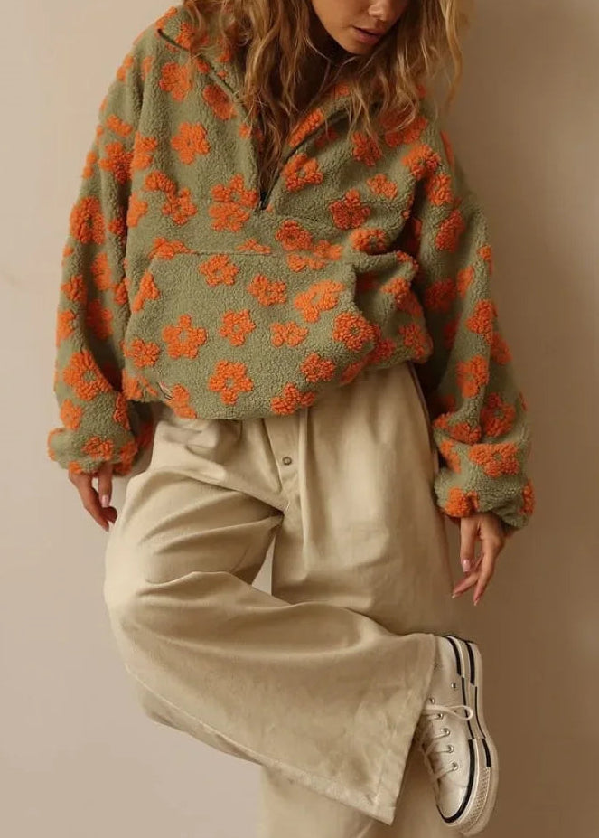 Faux Sherpa Printed Loose Zip Sweatshirt