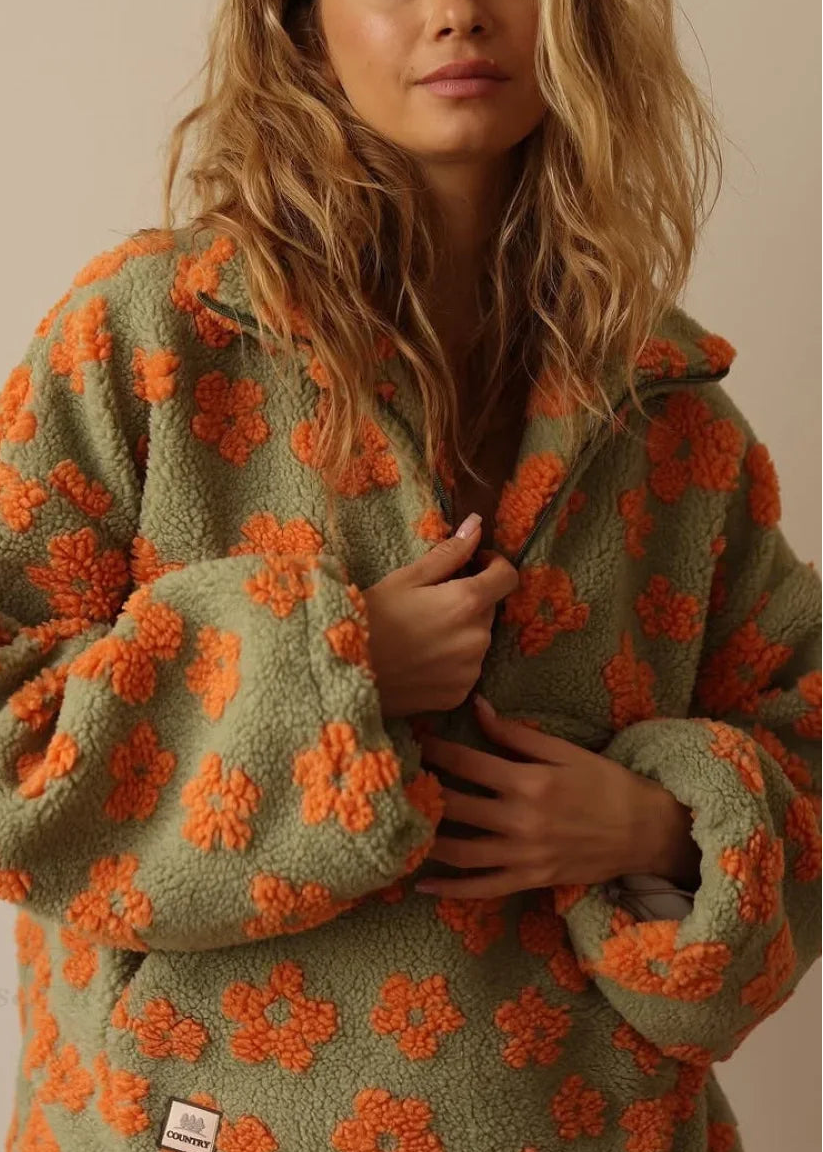 Faux Sherpa Printed Loose Zip Sweatshirt